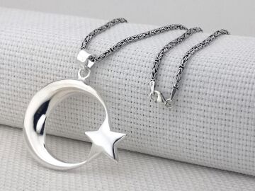 Büyük Boy Şanlı Ay Yıldızımız Tasarımlı Kral Zincirli 925 Ayar Gümüş Kolye