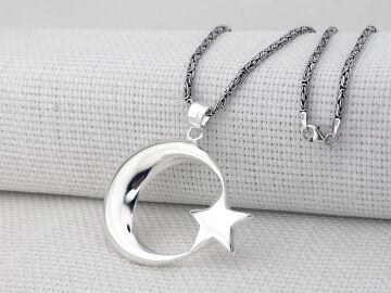 Büyük Boy Şanlı Ay Yıldızımız Tasarımlı Kral Zincirli 925 Ayar Gümüş Kolye