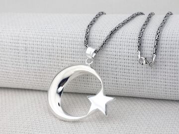 Büyük Boy Şanlı Ay Yıldızımız Tasarımlı Kral Zincirli 925 Ayar Gümüş Kolye