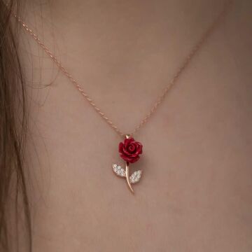 Kırmızı Gül Tasarımlı Gümüş Kolye Rose