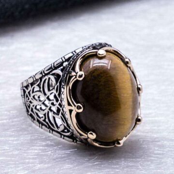 Kaplan Gözü Taşlı Taç Desenli Gümüş Yüzük