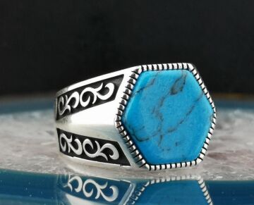 Özel Tasarım Mavi Firuze Taşlı  925 Ayar Gümüş Yüzük