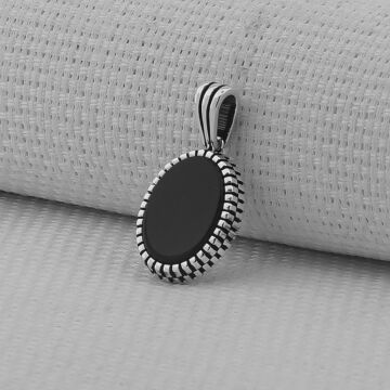 Siyah Oniks Taşlı Oval 925 Ayar Erkek Gümüş Kolye ucu