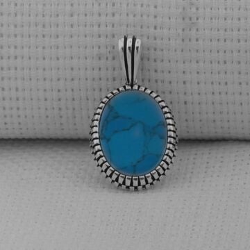 Turkuaz Taşlı Oval 925 Ayar Erkek Gümüş Kolye Ucu