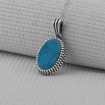 Turkuaz Taşlı Oval 925 Ayar Erkek Gümüş Kolye Ucu