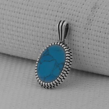 Turkuaz Taşlı Oval 925 Ayar Erkek Gümüş Kolye Ucu
