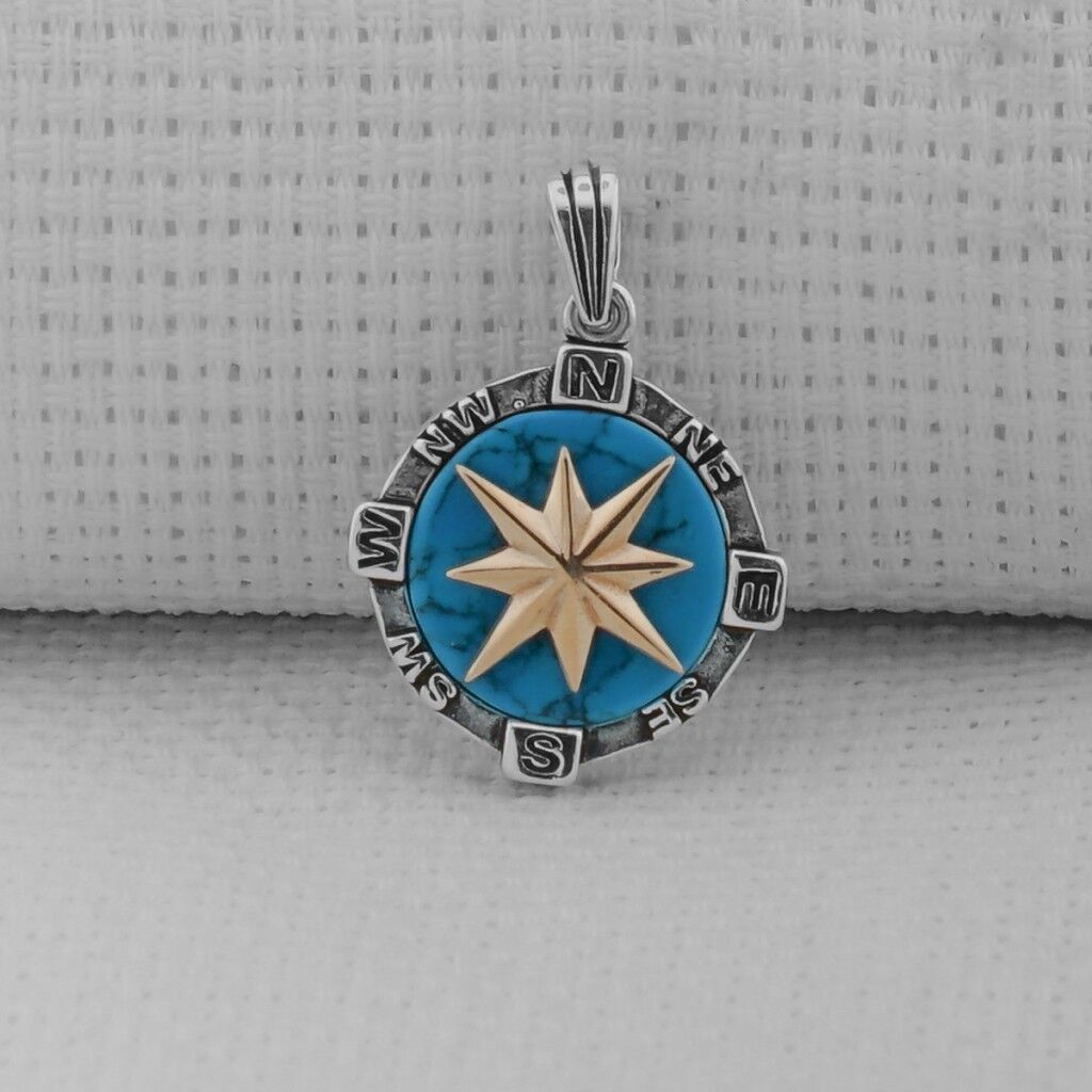 Turkuaz Taşlı Pusula 925 Ayar Erkek Gümüş Kolye Ucu