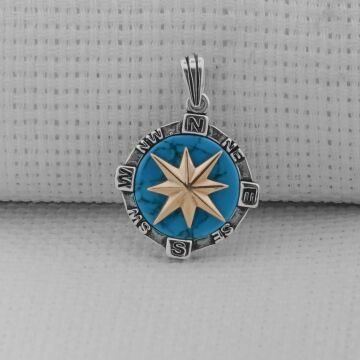Turkuaz Taşlı Pusula 925 Ayar Erkek Gümüş Kolye Ucu