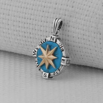 Turkuaz Taşlı Pusula 925 Ayar Erkek Gümüş Kolye Ucu