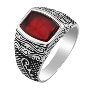 Kırmızı Akik Taşlı Desenli 925 Ayar Gümüş Yüzük