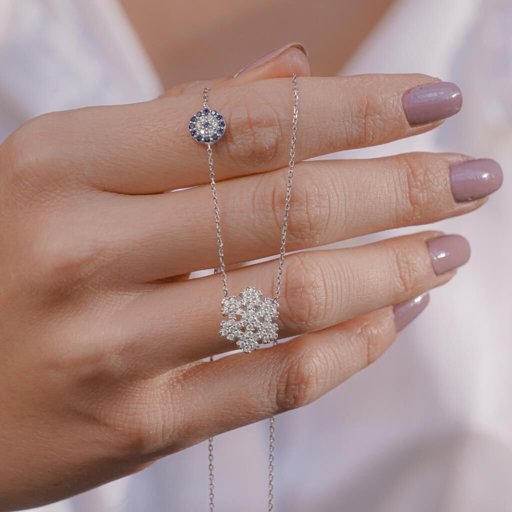 Kar Tanesi Nazar Tasarımlı 925 Ayar Gümüş Kadın Kolye