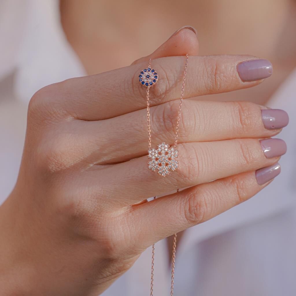 Kar Tanesi Nazar Tasarımlı Rose Kaplama 925 Ayar Gümüş Kadın Kolye