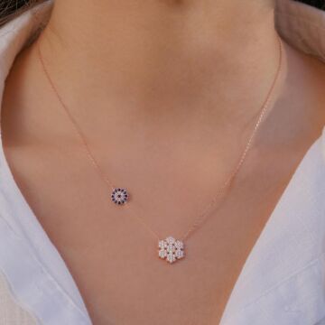 Kar Tanesi Nazar Tasarımlı Rose Kaplama 925 Ayar Gümüş Kadın Kolye