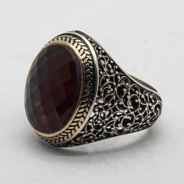 925 Ayar Gümüş Kırmızı Zirkon Taşlı Erkek Yüzük