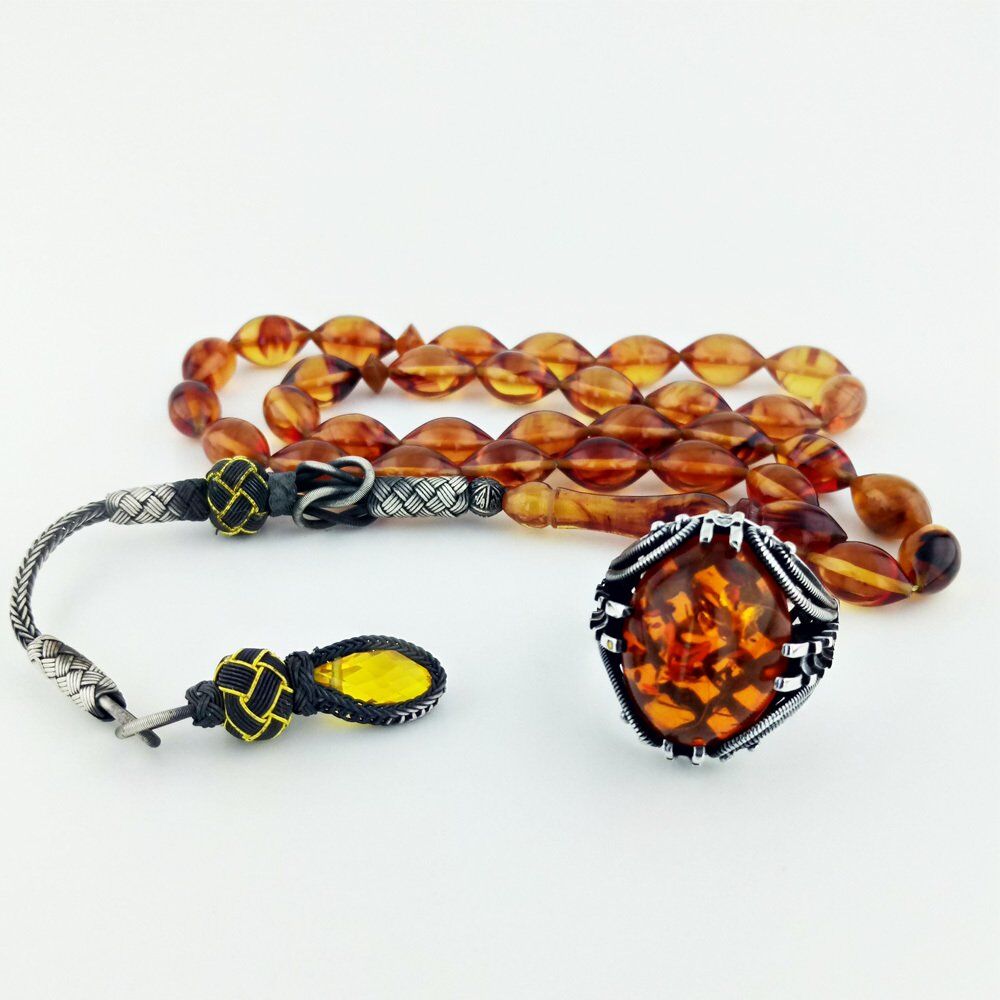 925 Ayar Gümüş Yüzük ve Ateş Kehribar  Kombin Model -3