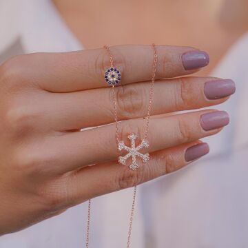 Kar Tanesi ve Nazar Tasarımlı Rose Kaplama 925 Ayar Gümüş Kadın Kolye