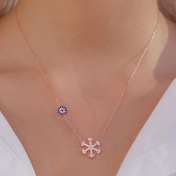 Kar Tanesi ve Nazar Tasarımlı Rose Kaplama 925 Ayar Gümüş Kadın Kolye