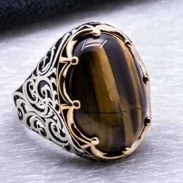 Kaplan Gözü Taşlı Kral Taçlı  Gümüş Yüzük