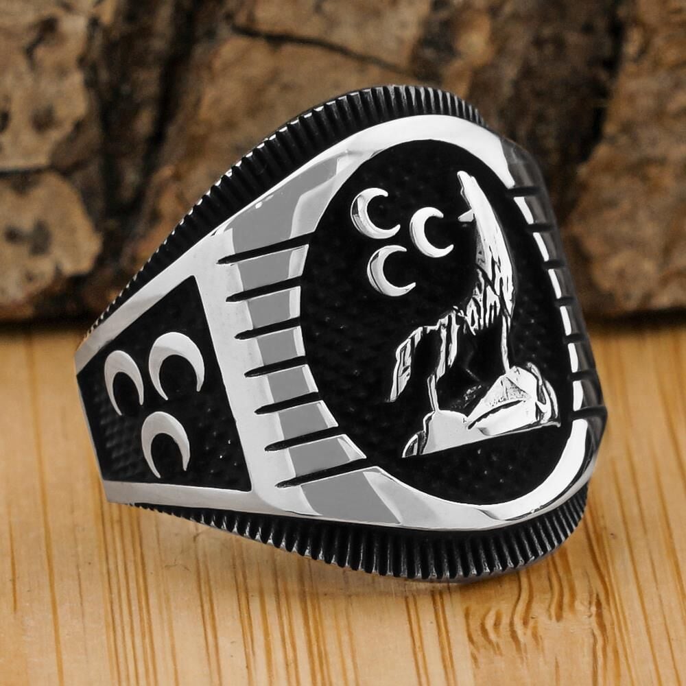 925 Ayar Gümüş Bozkurt ve Üç Hilal  Erkek Yüzük