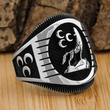 925 Ayar Gümüş Bozkurt ve Üç Hilal  Erkek Yüzük