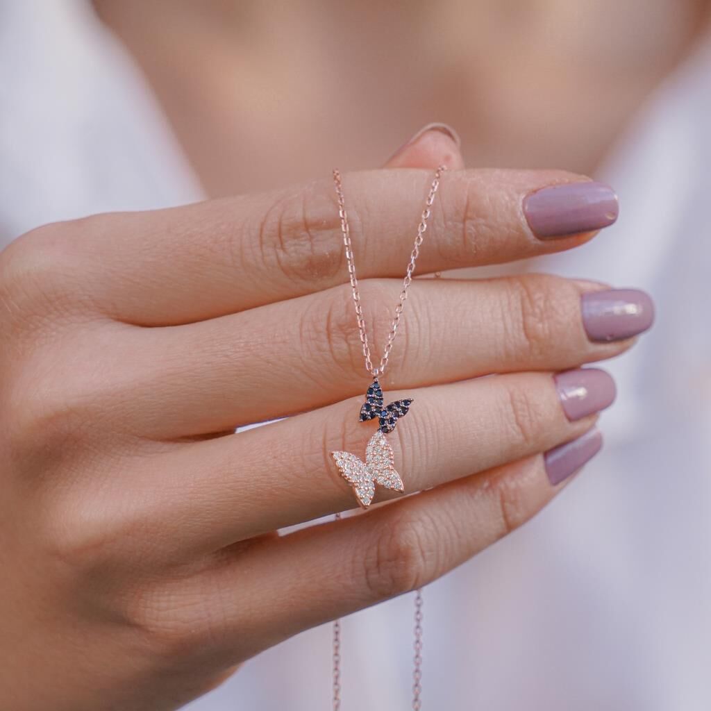 İkili Kelebek Tasarımlı Rose Kaplama 925 Ayar Gümüş Kadın Kolye