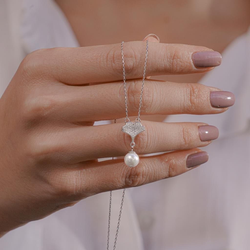 İnci Tasarımlı Beyaz Zirkon Taşlı 925 Ayar Gümüş Kadın Kolye