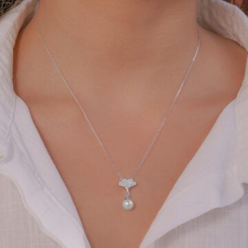 İnci Tasarımlı Beyaz Zirkon Taşlı 925 Ayar Gümüş Kadın Kolye