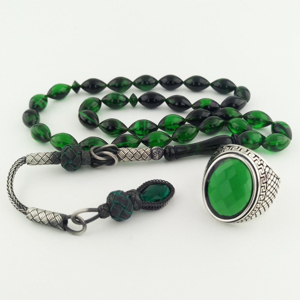 925 Ayar Gümüş Yüzük  ve  Ateş Kehribar Tesbih Kombin Model - 2