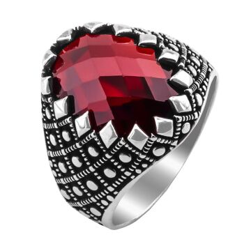 Kırmızı Zirkon Taşlı Desenli 925 Ayar Gümüş Yüzük