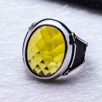 Sarı Oval Zirkon Taşlı Erkek Gümüş Yüzük