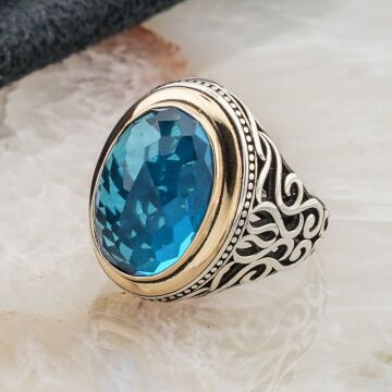 Açık Mavi Oval Zirkon Taşlı Gümüş Erkek Yüzük