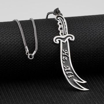 Hz Ali Yazılı Büyük Boy Zülfikar Kılıç Gümüş Kolye