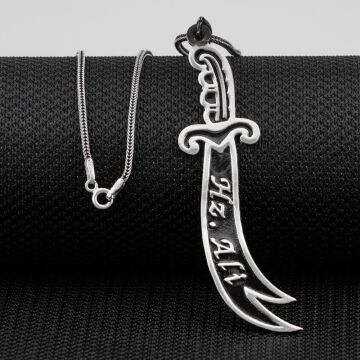 Hz Ali Yazılı Büyük Boy Zülfikar Kılıç Gümüş Kolye