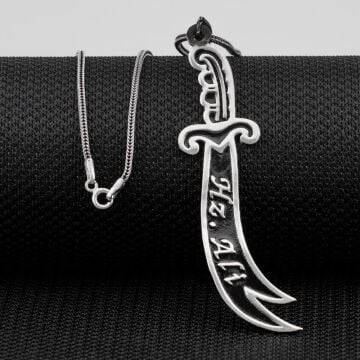 Hz Ali Yazılı Büyük Boy Zülfikar Kılıç Gümüş Kolye