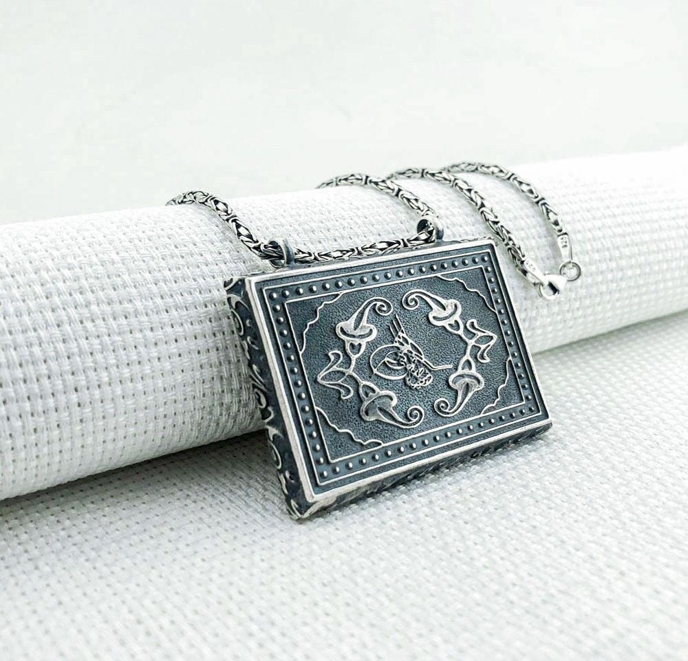 925 Ayar Gümüş Osmanlı Tuğralı Kral Zincirli Muska Kabı Kolye