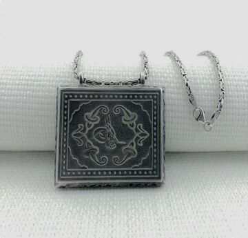 925 Ayar Gümüş Osmanlı Tuğralı Kral Zincirli Muska Kabı Kolye