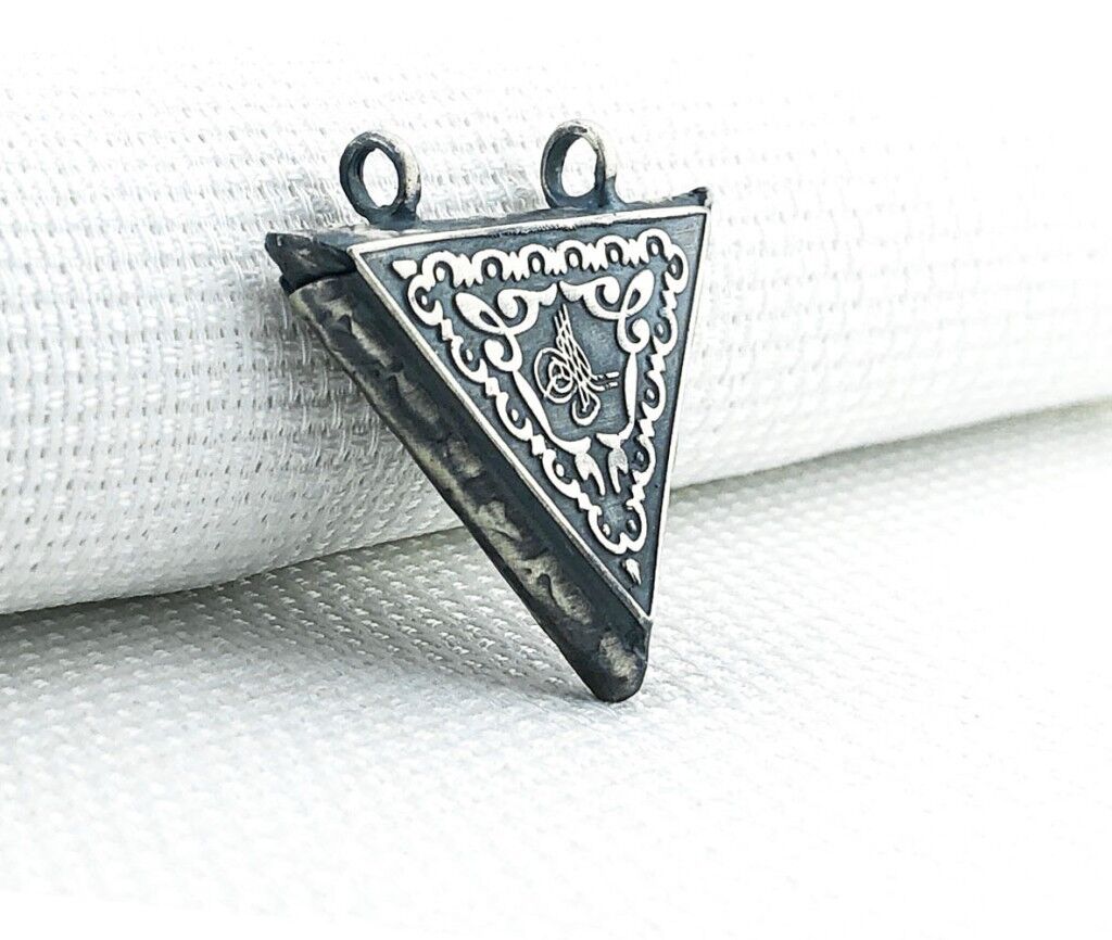925 Ayar Gümüş Osmanlı Tuğralı Üçgen Muska Kabı Kolye Ucu