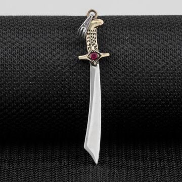 Kırmızı Zirkon Taşlı Parlak Moğol Kılıcı Gümüş Kolye Ucu