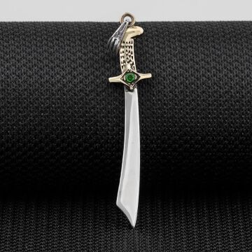 Moğol Kılıcı Yeşil Zirkon Taşlı Parlak Gümüş Kolye Ucu