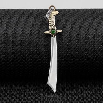 Moğol Kılıcı Yeşil Zirkon Taşlı Parlak Gümüş Kolye Ucu
