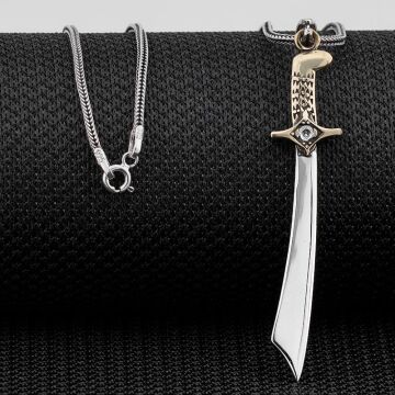 Moğol Kılıcı Beyaz Zirkon Taşlı Parlak Gümüş Kolye