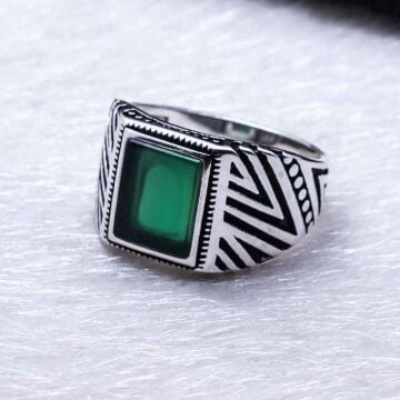Yeşil Akik Taşlı Gümüş Erkek Yüzük