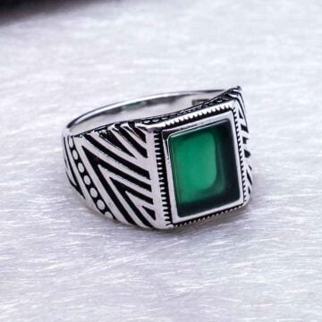 Yeşil Akik Taşlı Gümüş Erkek Yüzük