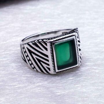 Yeşil Akik Taşlı Gümüş Erkek Yüzük