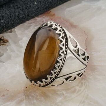 925 Ayar Gümüş Kaplan Gözü Taşlı Erkek Yüzük Model 3