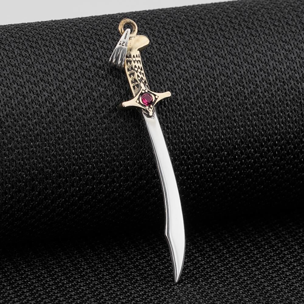 Osmanlı Kılıcı Kırmızı Zirkon Taşlı Parlak Gümüş Kolye Ucu