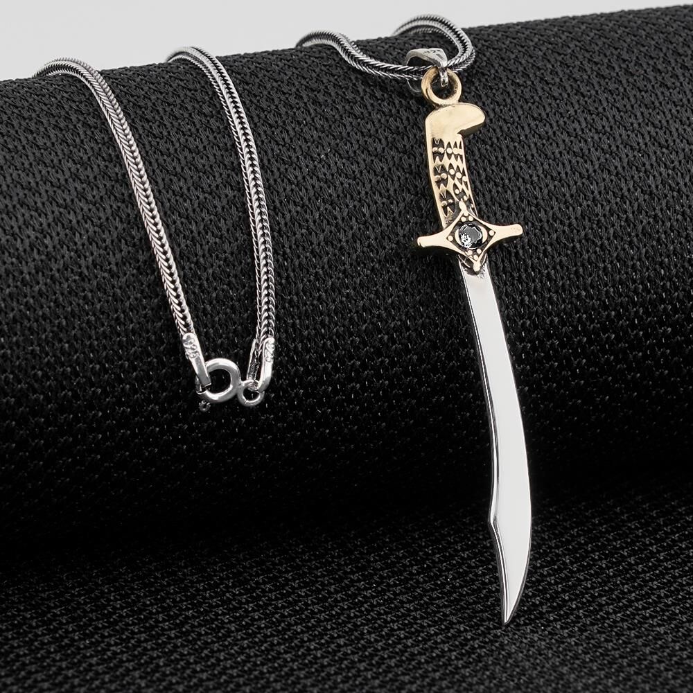 Osmanlı Kılıcı Beyaz Zirkon Taşlı Parlak Gümüş Kolye