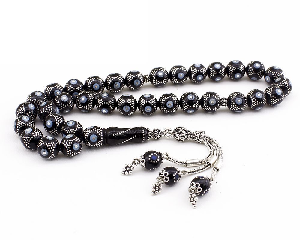 925 Ayar Gümüş Firuze ve Kakma İşlemeli Erzurum Oltusu Tesbih