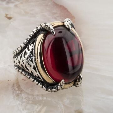 925 Ayar Gümüş Bombeli Kırmızı Zirkon Taşlı Pençeli Yüzük