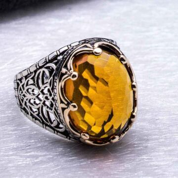 Sarı Zirkon Taşlı Kral Taçlı  Gümüş Yüzük